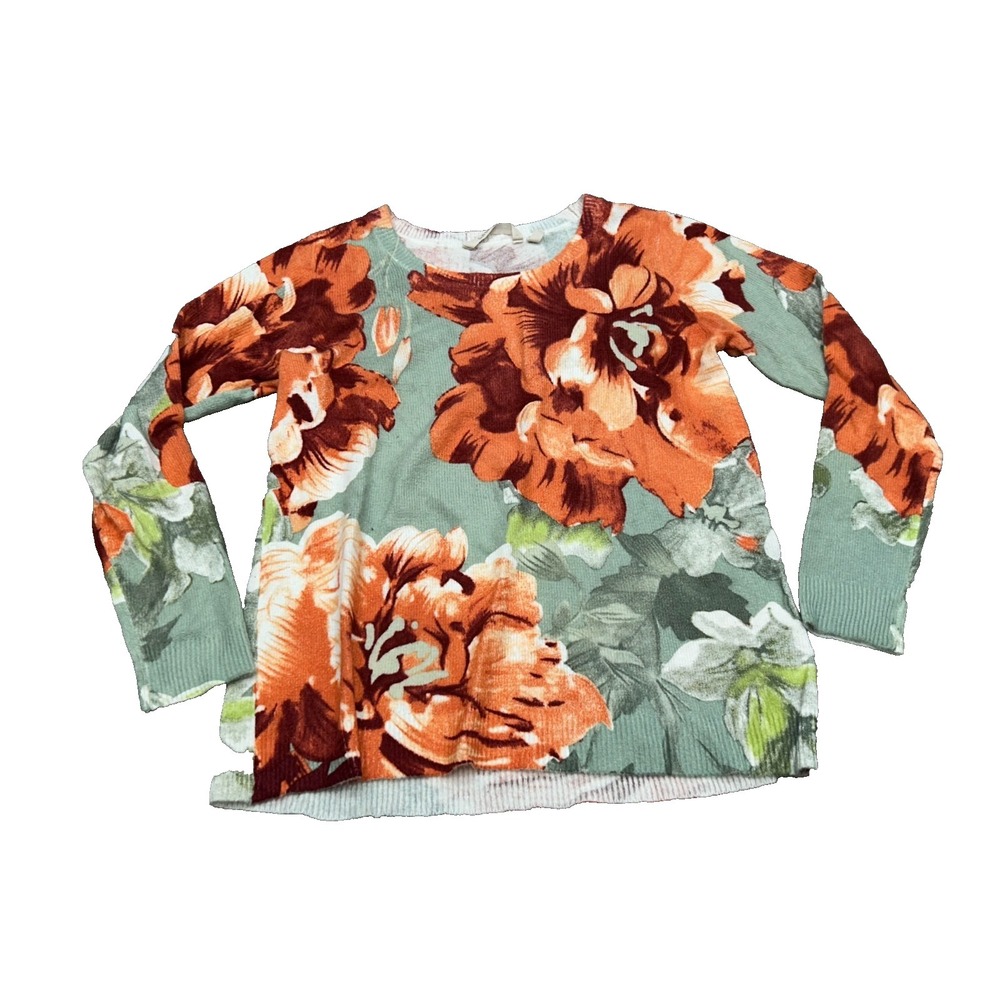 Soft Surroundings Sweater Womens Small Sage Green Orange Floral Knit Top